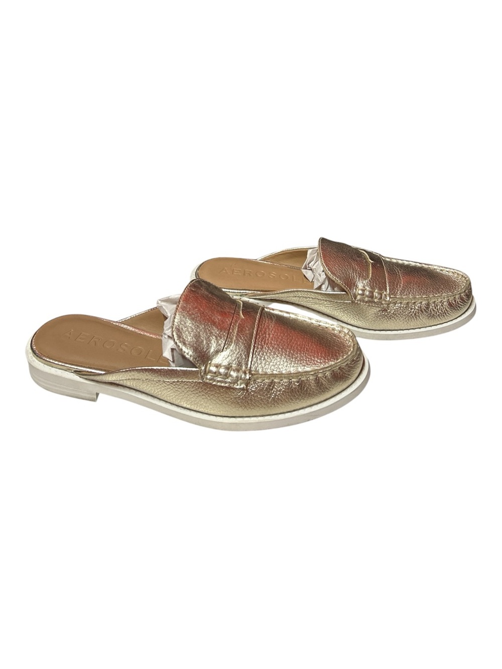 Aerosoles Salome Gold Metallic Pebbled Leather Finish Slip-On Mules Penny Loafer